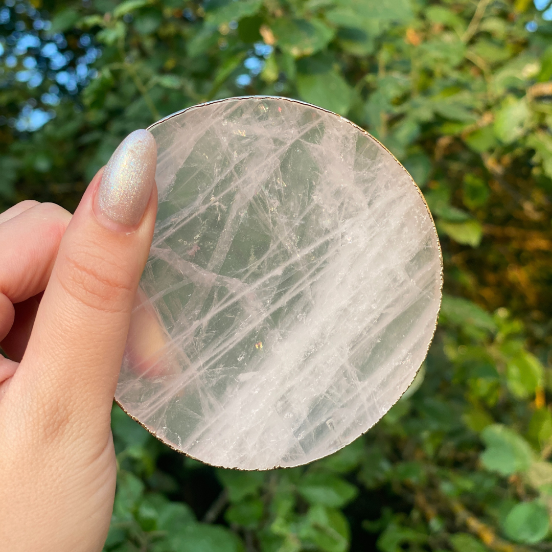 Rose Quartz Table Mat Slice with a Gilded Edge