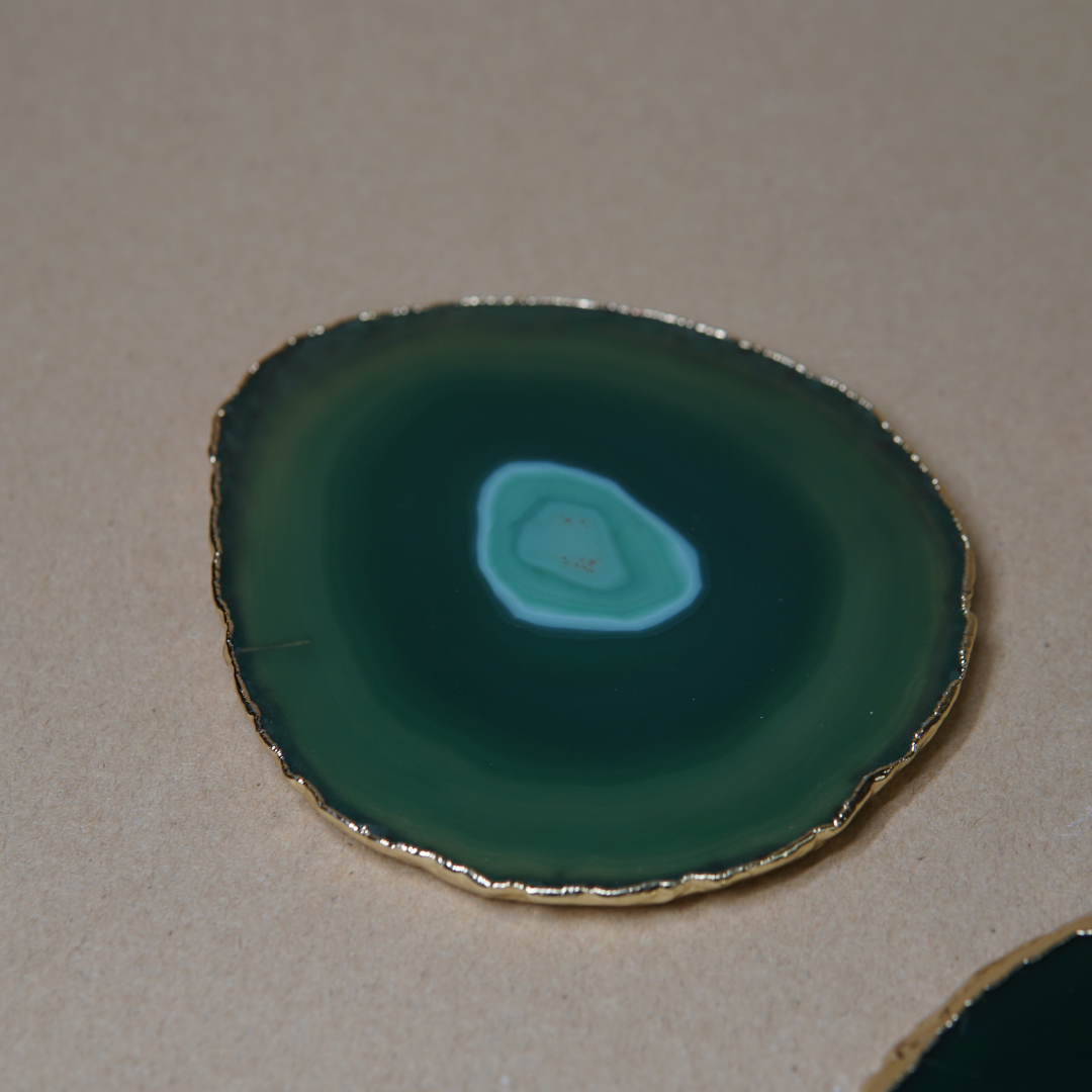 Green Agate Table Mat Slice with a Gilded Edge