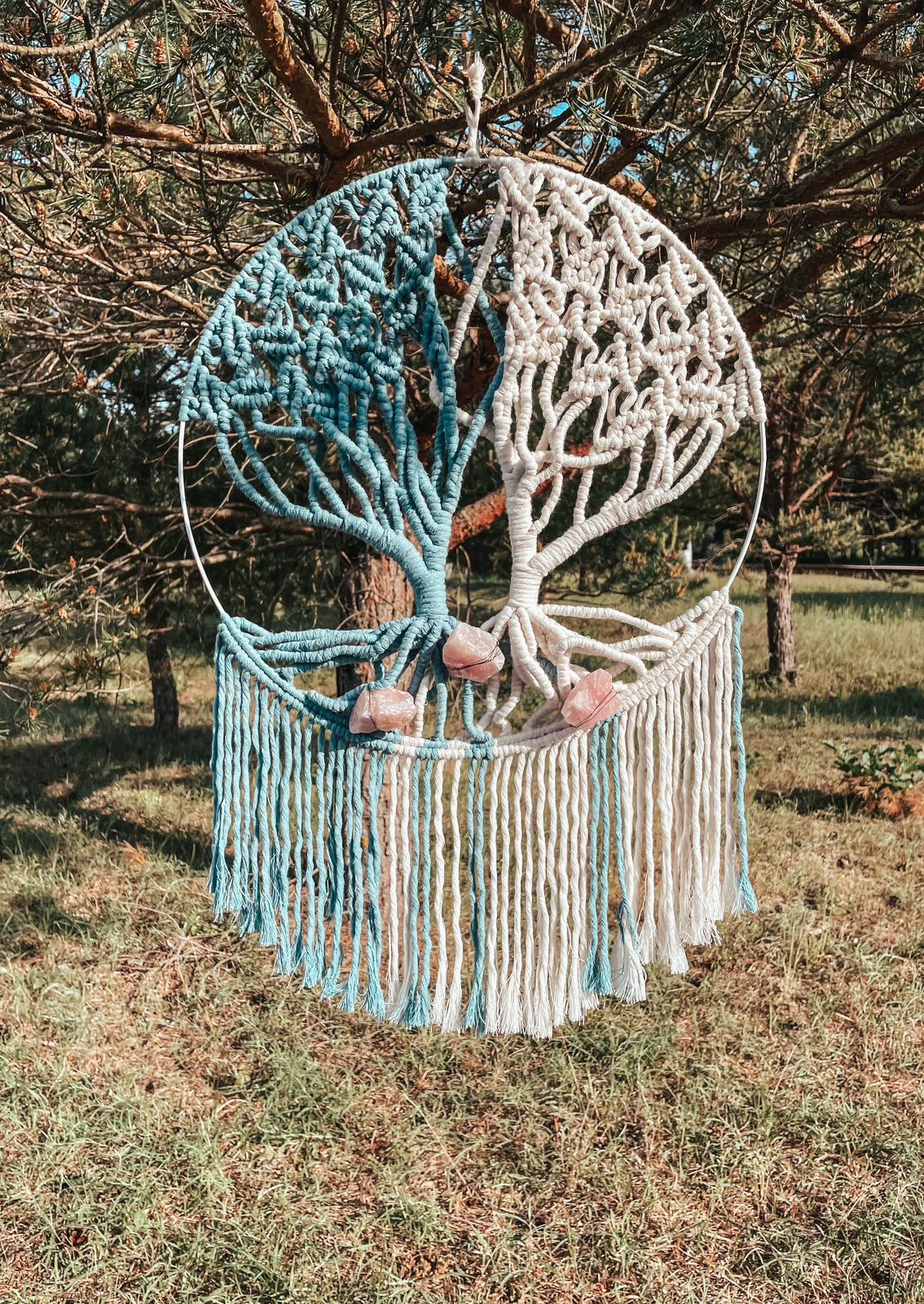 Knotted Tree of Life with Rose Quartz Crystals